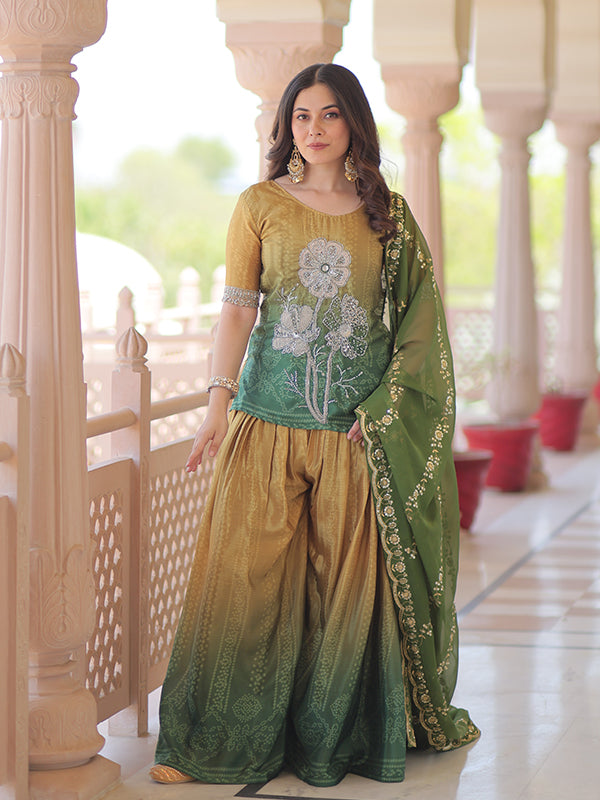 Mustard & Green Rich Beads Embroidered Work Chinnon Print Top With Sharara Dupatta