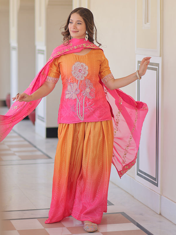 Orange & Pink Rich Beads Embroidered Work Chinnon Print Top With Sharara Dupatta