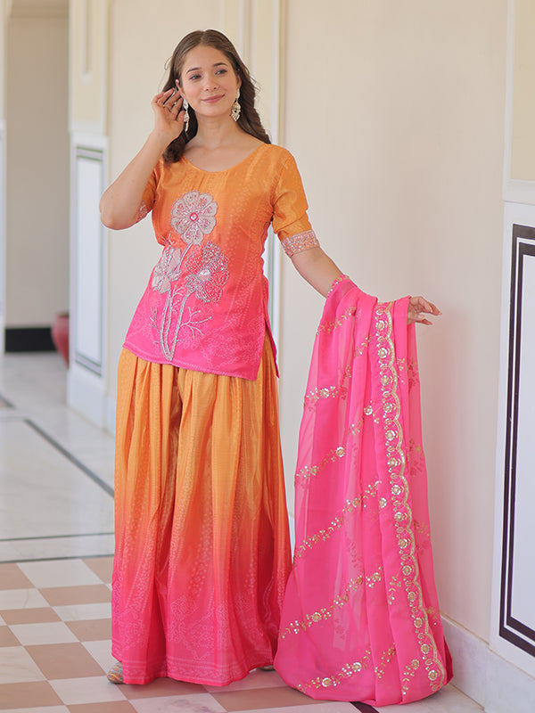 Orange & Pink Rich Beads Embroidered Work Chinnon Print Top With Sharara Dupatta