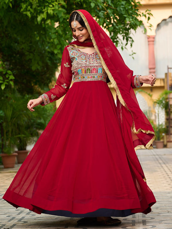 Maroon Faux Blooming Thread Embroidered Work Gown With Dupatta