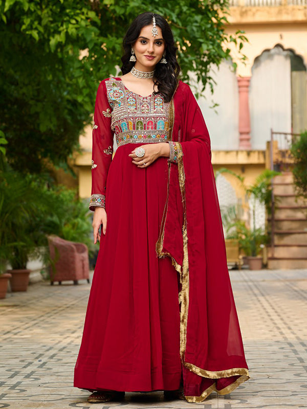 Maroon Faux Blooming Thread Embroidered Work Gown With Dupatta