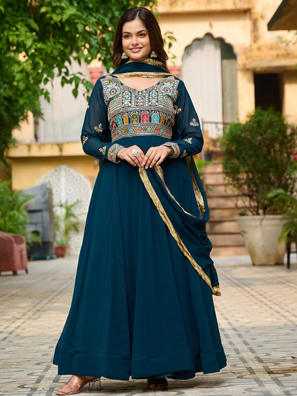 Rama Faux Blooming Thread Embroidered Work Gown With Dupatta