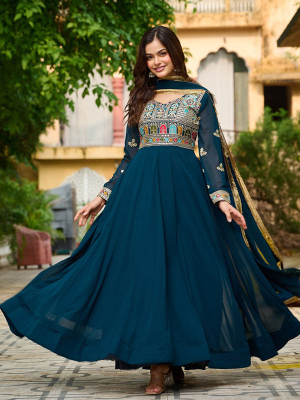 Rama Faux Blooming Thread Embroidered Work Gown With Dupatta