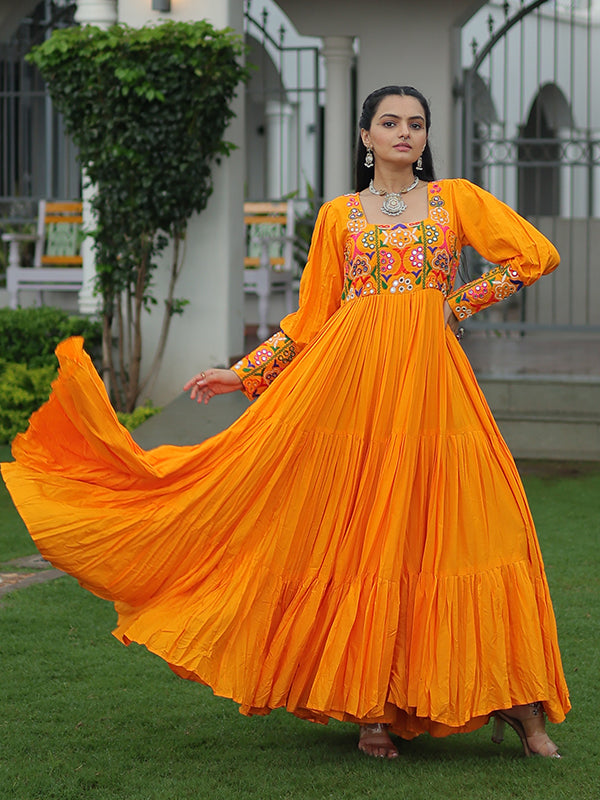 Yellow Kutchi Gamthi Work Fully Flair Gown