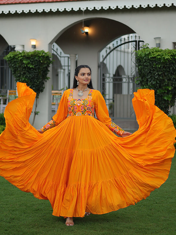 Yellow Kutchi Gamthi Work Fully Flair Gown