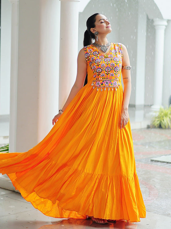 Yellow Kutchi Gamthi Thread Embroidered Work Rayon Gown