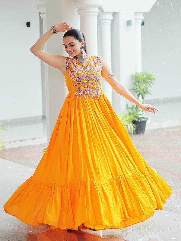 Yellow Kutchi Gamthi Thread Embroidered Work Rayon Gown