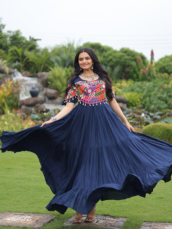 Navy Blue Kutchi Gamthi Work Rayon Full Flair Gown