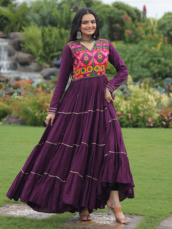 Wine Kutchi Gamthi Embroidered Work Full Flair Rayon Gown