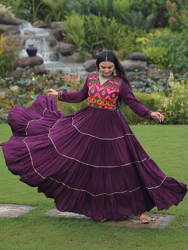 Wine Kutchi Gamthi Embroidered Work Full Flair Rayon Gown