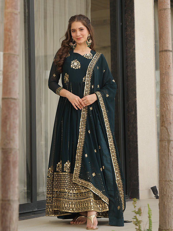 Bottle Green Full Sleeves Sequins Embroidered Work Gown With Dupatta