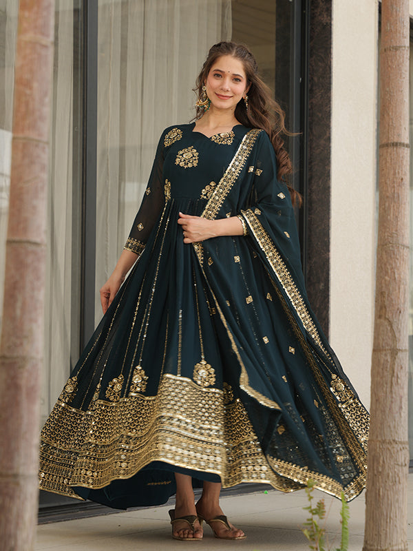 Bottle Green Full Sleeves Sequins Embroidered Work Gown With Dupatta