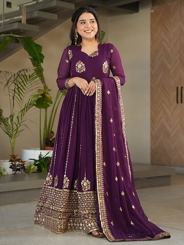 Wine Full Sleeves Sequins Embroidered Work Gown With Dupatta