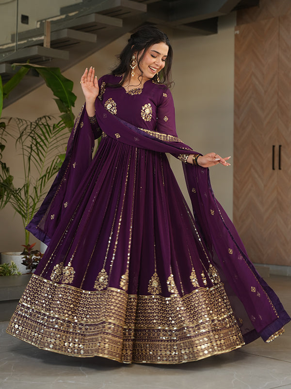 Wine Full Sleeves Sequins Embroidered Work Gown With Dupatta