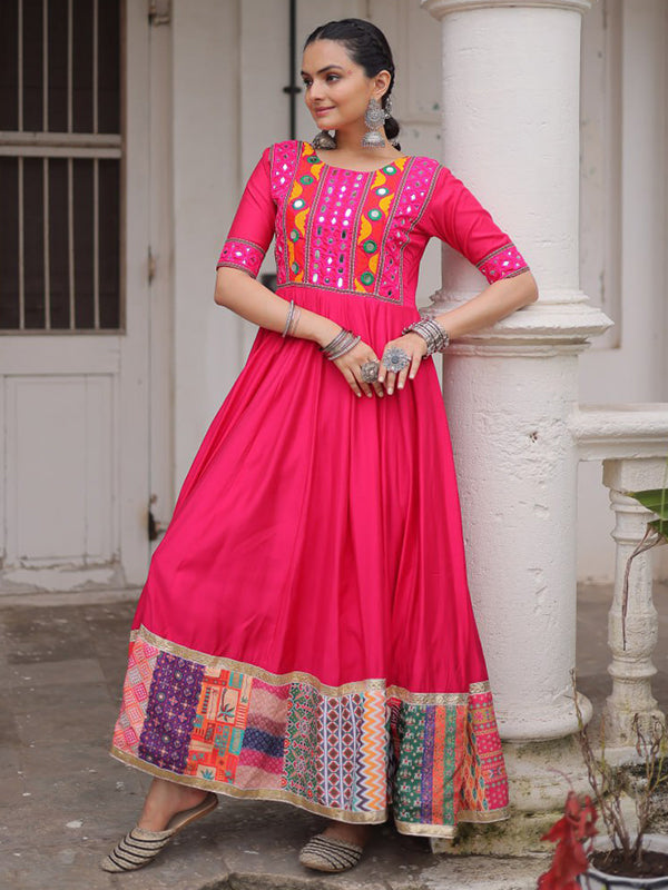 Pink Maslin Crochet Print Roman Silk Gown