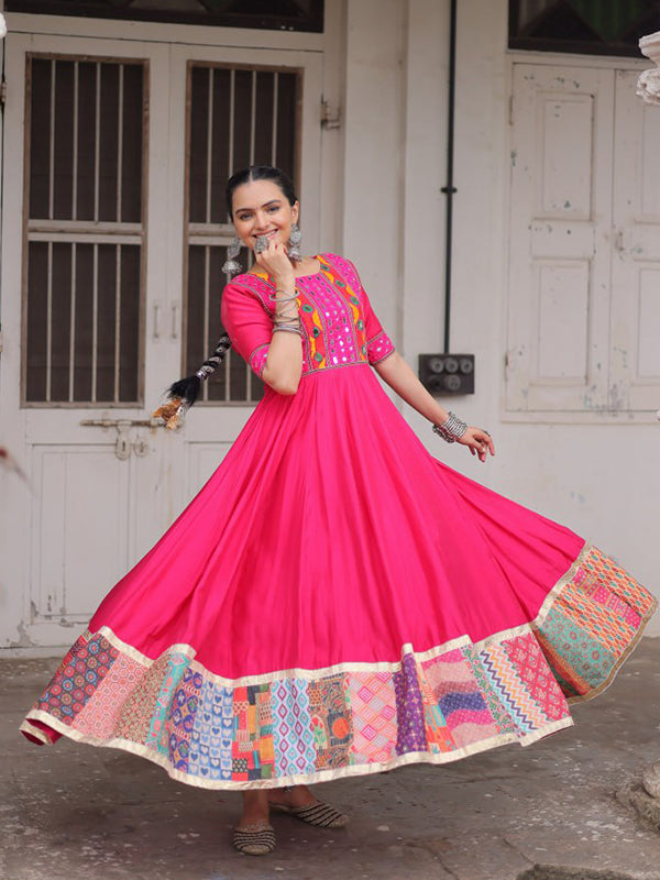 Pink Maslin Crochet Print Roman Silk Gown