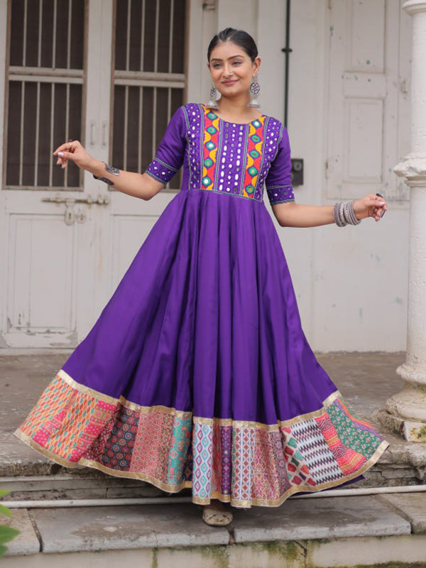 Purple Maslin Crochet Print Roman Silk Gown