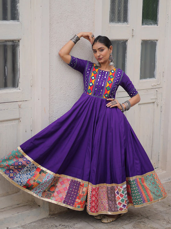 Purple Maslin Crochet Print Roman Silk Gown