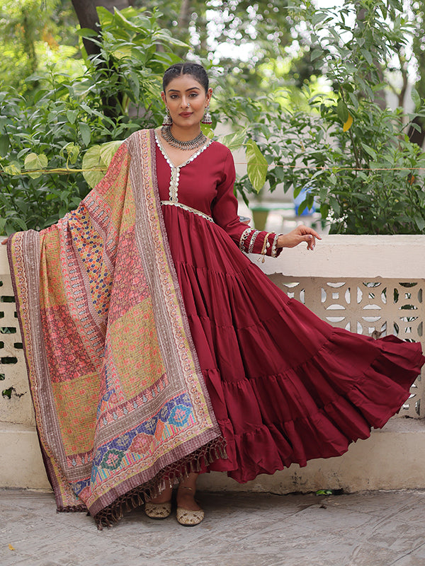 Maroon Frill Stitching Mirror Lace Work Roman Gown