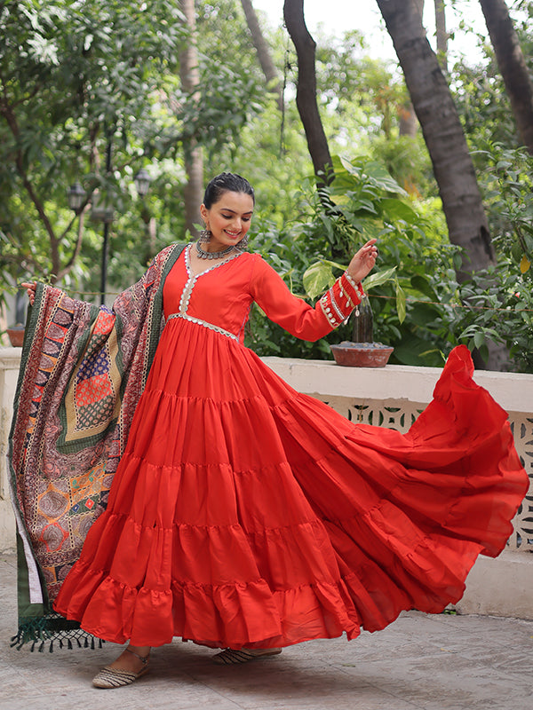 Orange Frill Stitching Mirror Lace Work Roman Gown