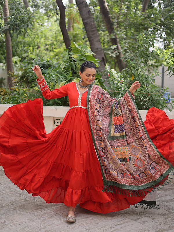 Orange Frill Stitching Mirror Lace Work Roman Gown