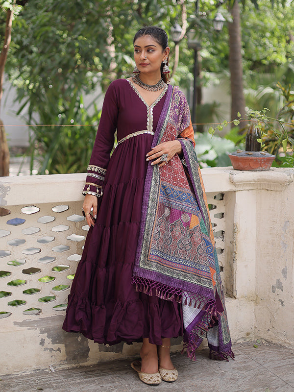 Wine Frill Stitching Mirror Lace Work Roman Gown