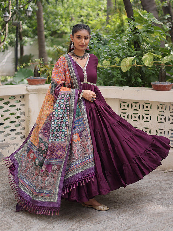 Wine Frill Stitching Mirror Lace Work Roman Gown