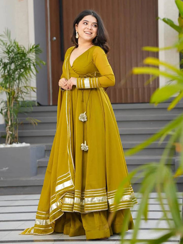 Mustard Yellow Pure Fox Georgette Gown Pant With Dupatta
