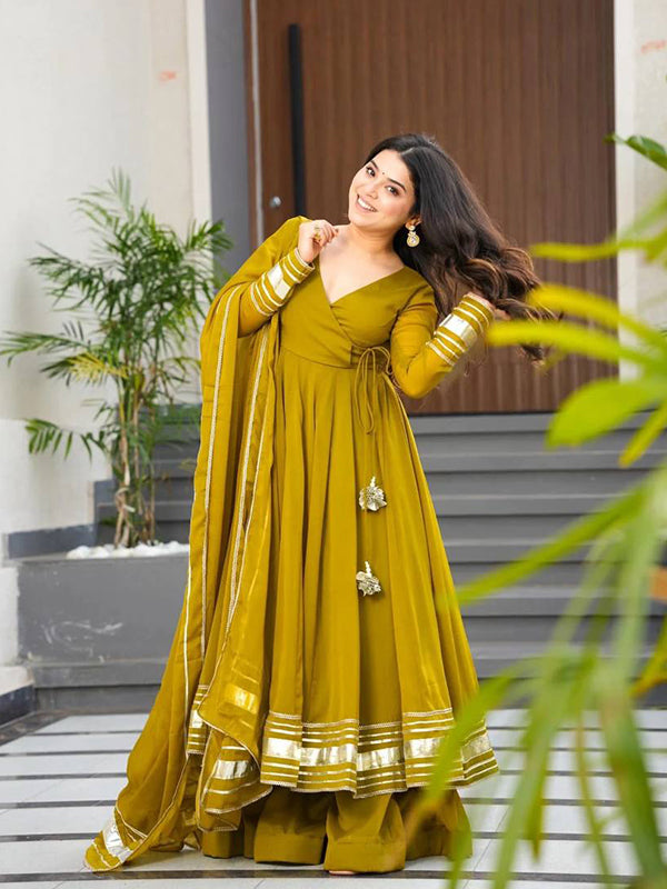 Mustard Yellow Pure Fox Georgette Gown Pant With Dupatta