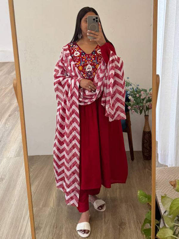 Cherry Red Viscose Muslin Silk Kurti Pant With Dupatta