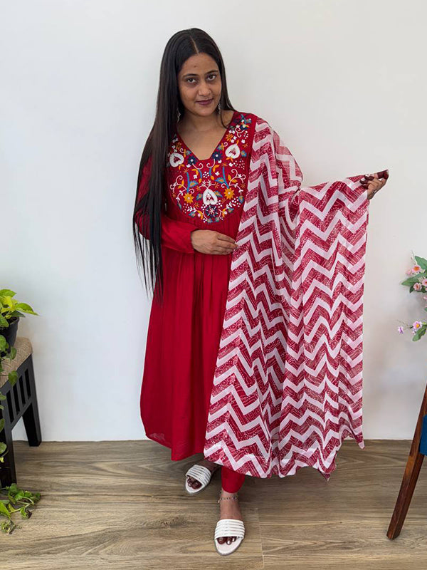 Cherry Red Viscose Muslin Silk Kurti Pant With Dupatta