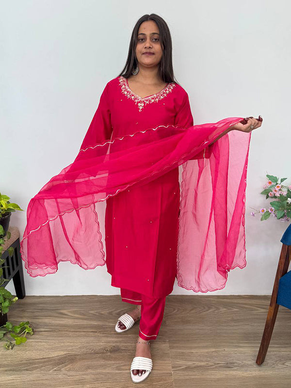 Pink Handwork Cotton Kurti Pant With Dupatta
