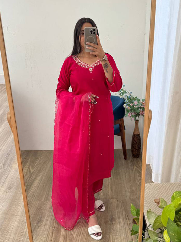 Pink Handwork Cotton Kurti Pant With Dupatta