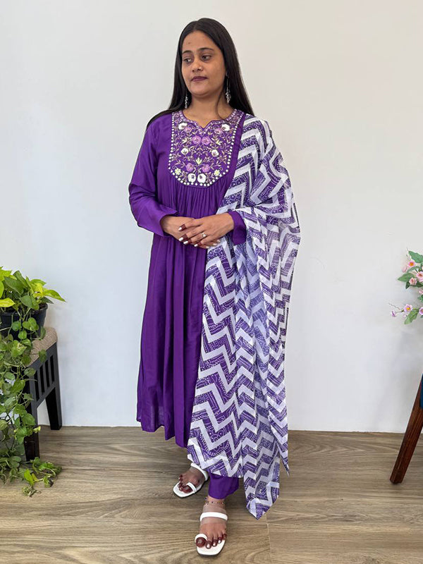 Purple Viscose Muslin Silk Kurti Pant With Dupatta