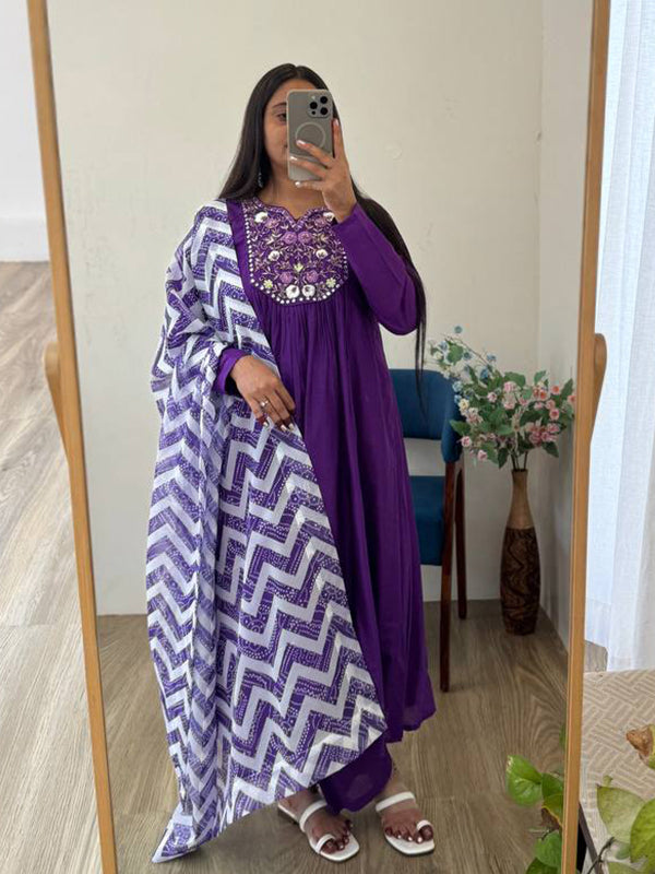 Purple Viscose Muslin Silk Kurti Pant With Dupatta