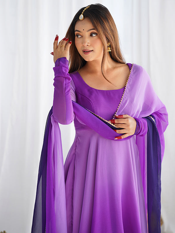 Purple Colored Anarkali Gown With Pant & Dupatta Set
