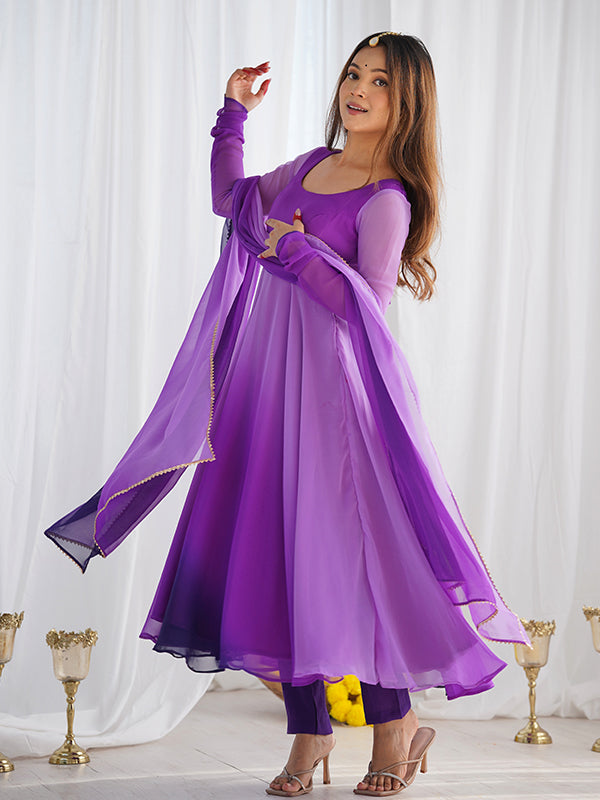 Purple Colored Anarkali Gown With Pant & Dupatta Set