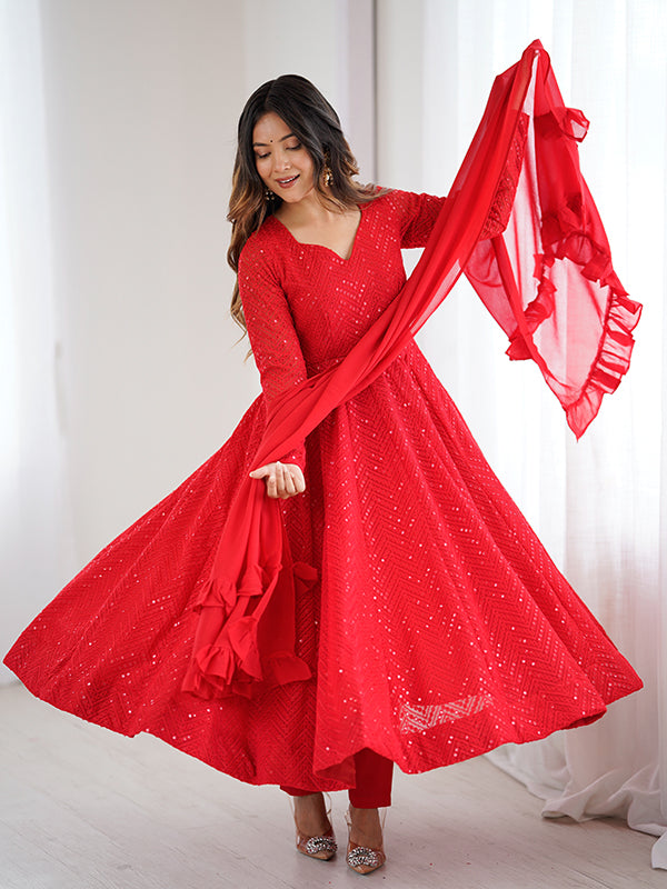 Red Lakhnavi Georgette Anarkali Gown With Pant & Dupatta Set