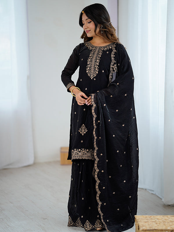Black Embroidery Sequence Work Soft Crunchy Silk Sharara Suit With Dupatta