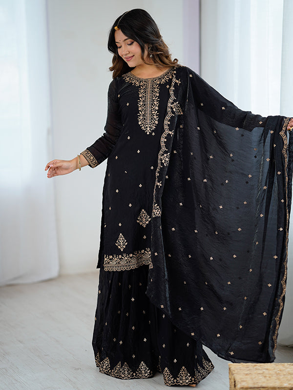 Black Embroidery Sequence Work Soft Crunchy Silk Sharara Suit With Dupatta