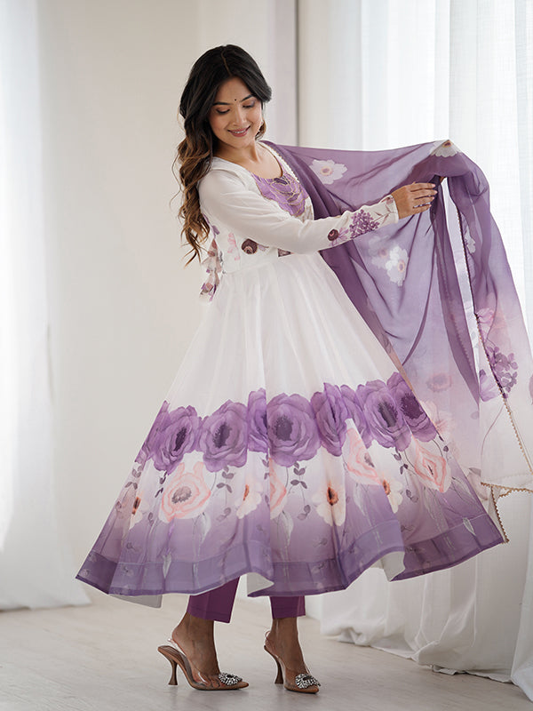 Violet Pink Floral Printed Anarkali Gown With Pant & Dupatta Set