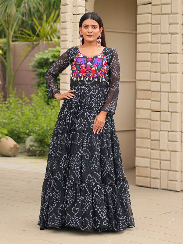 Black Embroidery Thread Work Georgette Navratri Gown