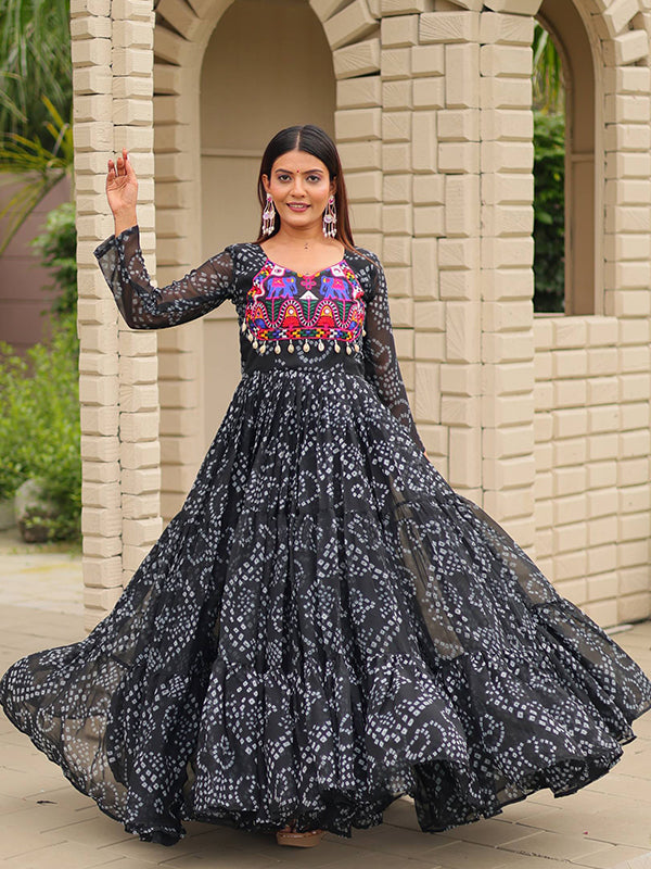 Black Embroidery Thread Work Georgette Navratri Gown