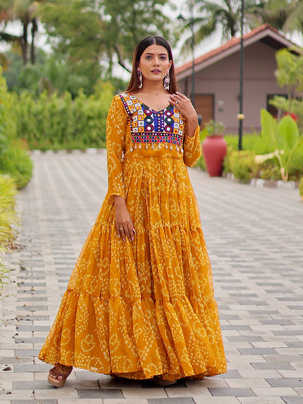 Yellow Embroidery Thread Work Georgette Navratri Gown