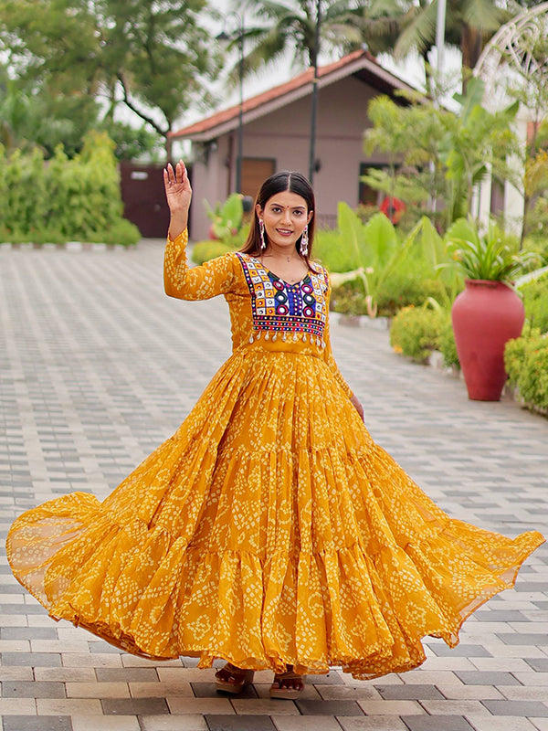 Yellow Embroidery Thread Work Georgette Navratri Gown