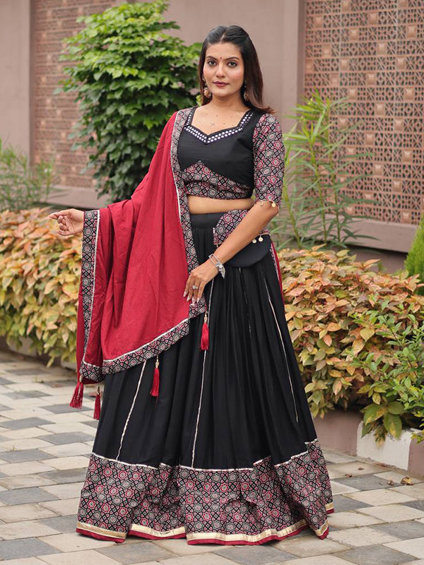 Black Pure Cotton Ajrakh Print Lehenga Choli With Maroon Dupatta
