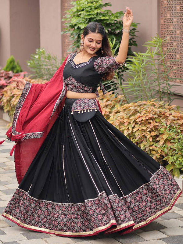 Black Pure Cotton Ajrakh Print Lehenga Choli With Maroon Dupatta