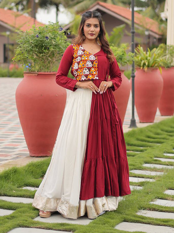 Maroon Pure Cotton Gamthi Work Top With Off White Lumpy Lace Lehenga