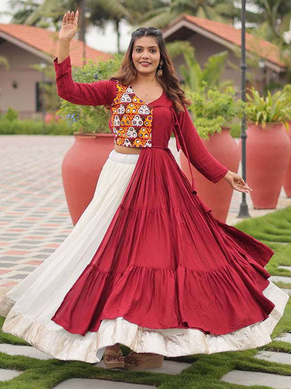 Maroon Pure Cotton Gamthi Work Top With Off White Lumpy Lace Lehenga