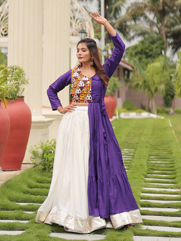 Purple Pure Cotton Gamthi Work Top With  Off White Lumpy Lace Lehenga